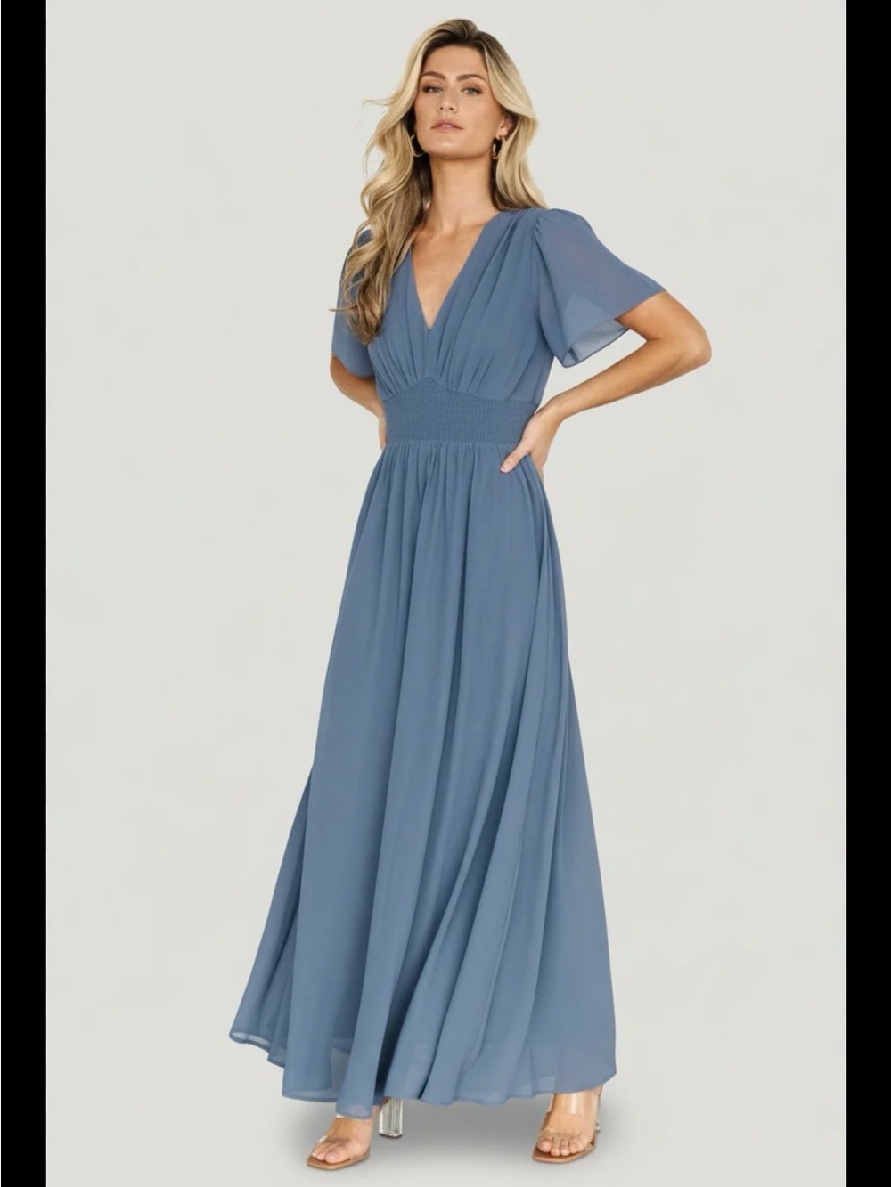 Smocked Waist V-Neck Maxi Dress in Dusty Blue
